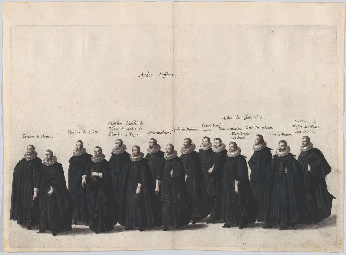 Plate 19: Aides marching in the funeral procession of Archduke Albert of Austria; from 'Pompa Funebris ... Alberti Pii' by Cornelis Galle, print, 1623