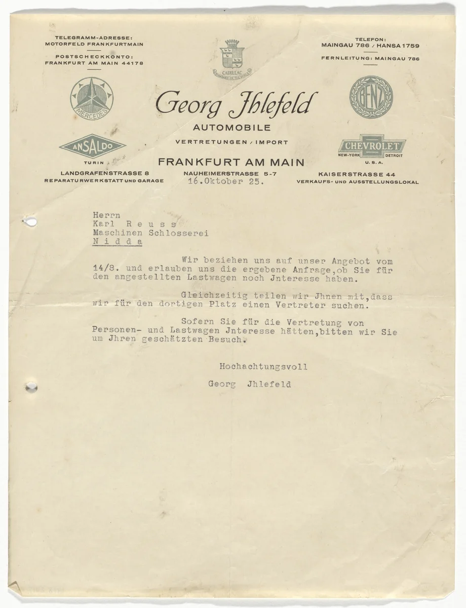 Georg Jhlefeld Automobile letterhead by Unidentified Designer, design, 1925