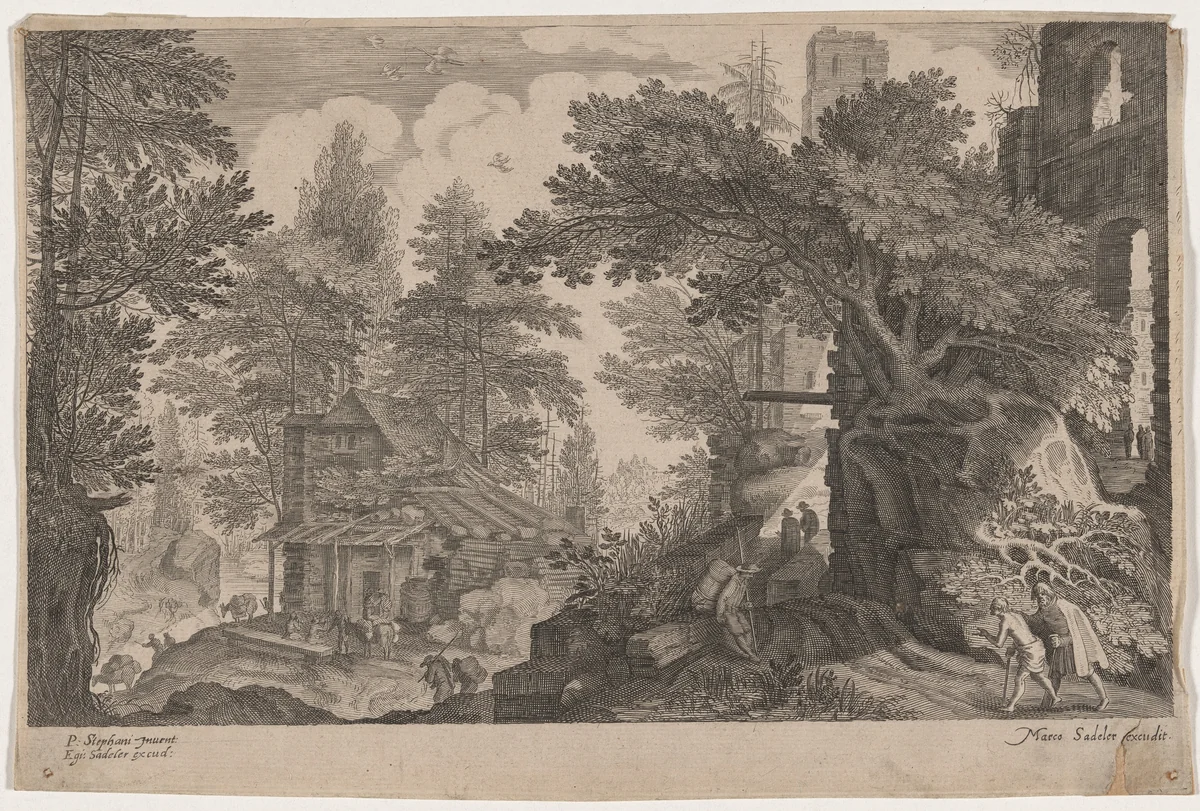 Travelers Resting in a Forest near a Hut by Aegidius Sadeler II; Pieter Stevens, print, 1570-1629