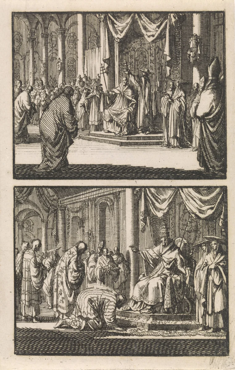Paus Sixtus V met een tiara gekroond / Japanse afgezanten begroeten paus Sixtus V by Jan Luyken, print, 1697