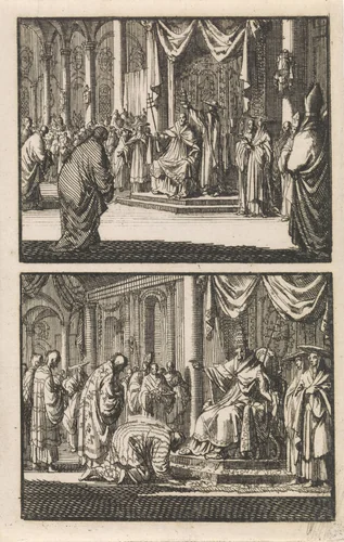 Paus Sixtus V met een tiara gekroond / Japanse afgezanten begroeten paus Sixtus V by Jan Luyken, print, 1697