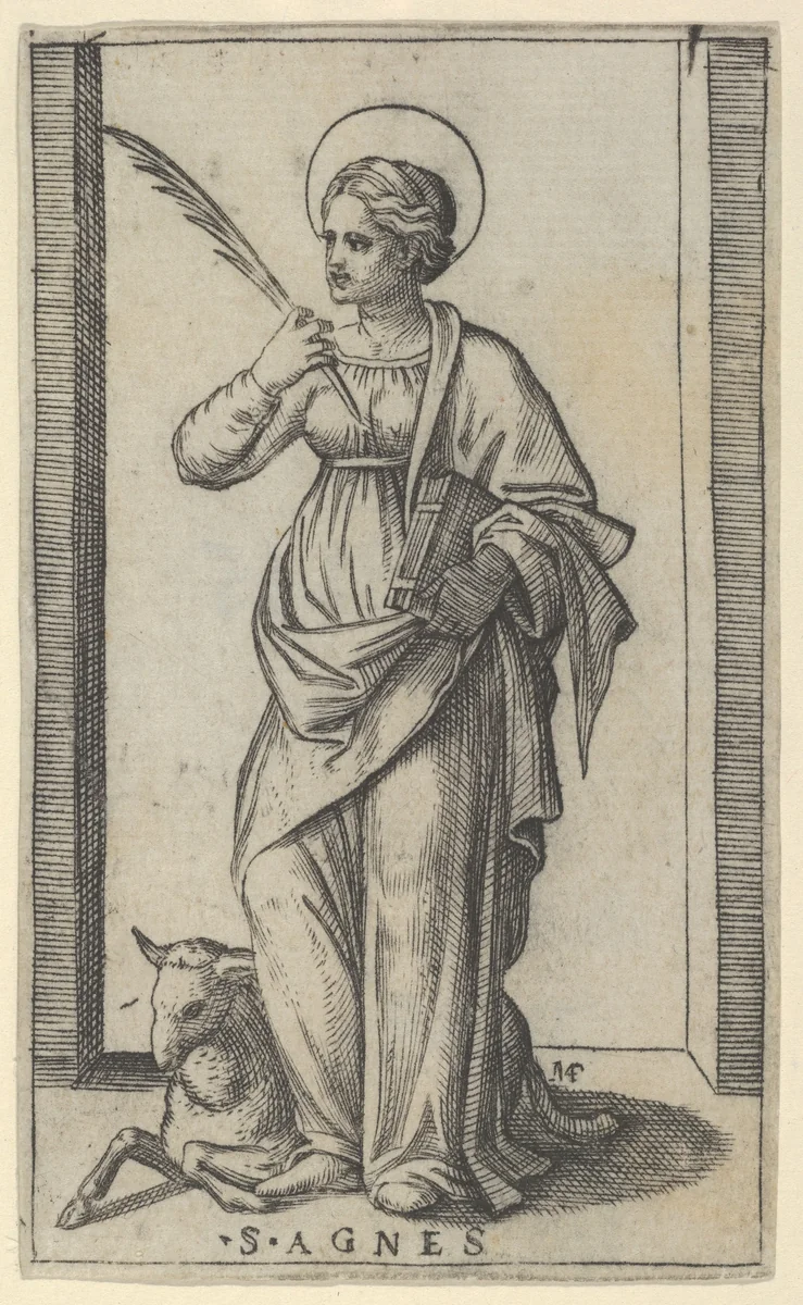 Saint Agnes standing a holding a palm in her right hand, a sheep lower left, from "Piccoli Santi" (Small Saints) by Marcantonio Raimondi, print, 1495-1532