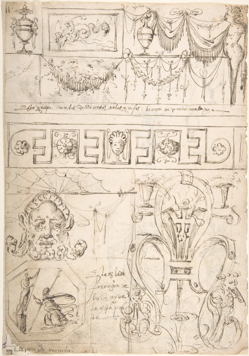 Three sections; uppermost with a Term and garlands; middle section geometric band; bottom section grotesques and strapwork (recto); Term with a marine creature and putto (verso) by Andrés de Melgar, drawing, 1540-1550