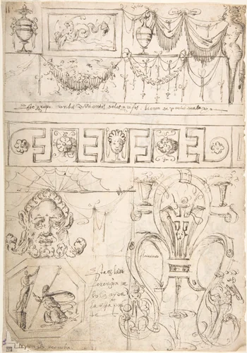 Three sections; uppermost with a Term and garlands; middle section geometric band; bottom section grotesques and strapwork (recto); Term with a marine creature and putto (verso) by Andrés de Melgar, drawing, 1540-1550