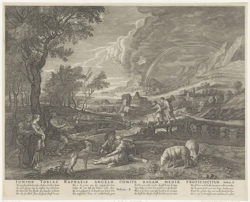 Tobias en de engel in een landschap met regenboog en herders by anonymous, print, 1630-1652