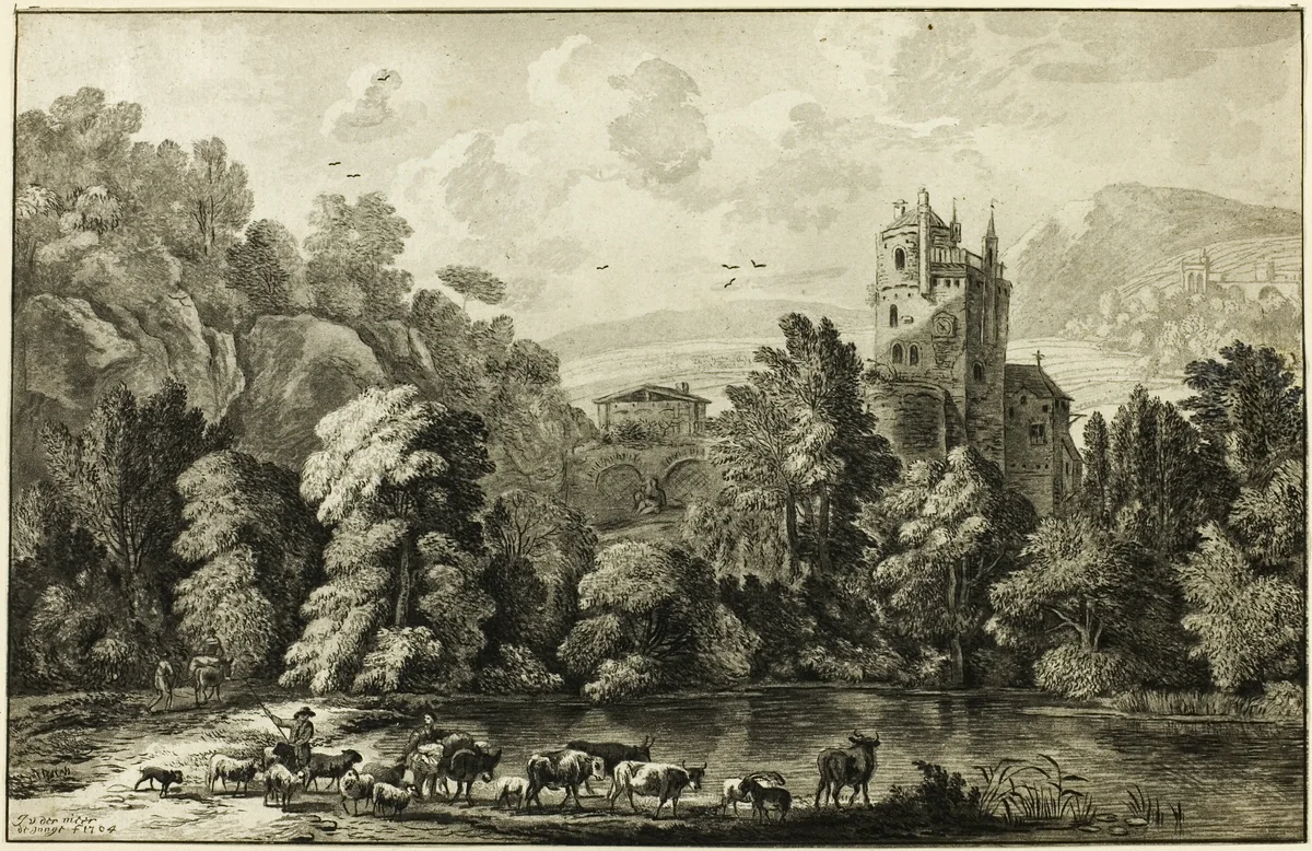 Landscape with Cattle by Jacob Cornelis Ploos van Amstel, print, 1746-1798