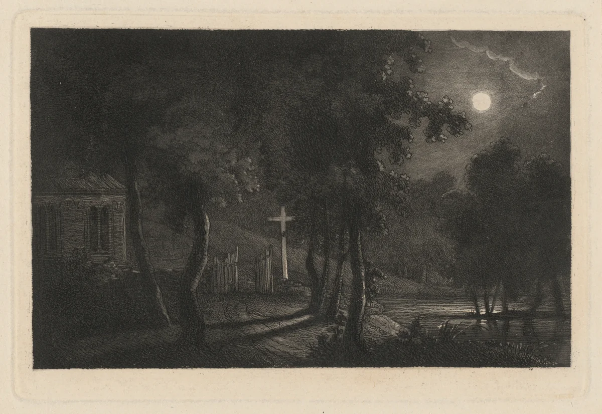 A Lakeside Chapel by Moonlight by Maria Anna Fischer, print, 1810