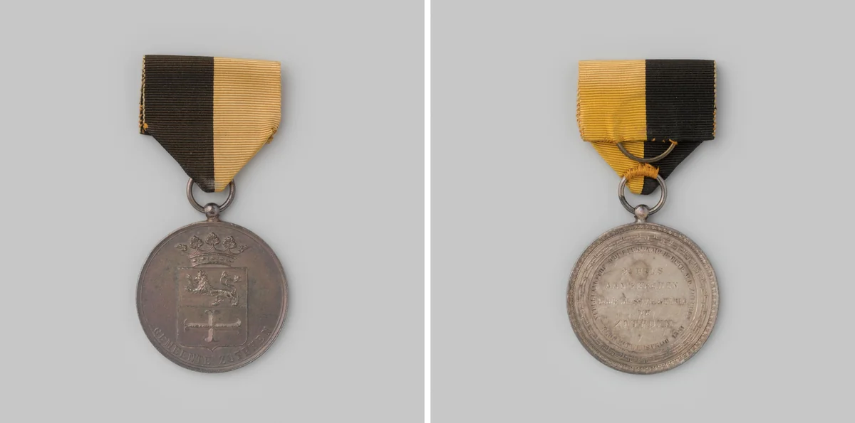 Prijspenning van de Scherpschutters Vereeniging Gelria te Zutphen, 1891, tweede prijs voor schieten met flobert-patronen by anonymous, metalwork, 1891