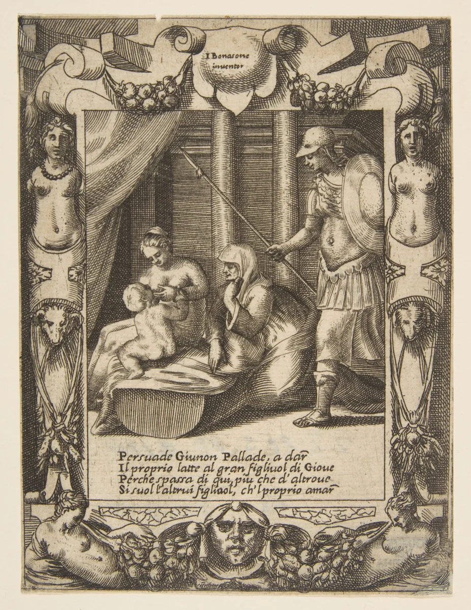Juno persuading Athena to nurse the young Hercules, set within an elaborate frame, from "Loves, Rages and Jealousies of Juno" by Giulio Bonasone, print, 1531-1576