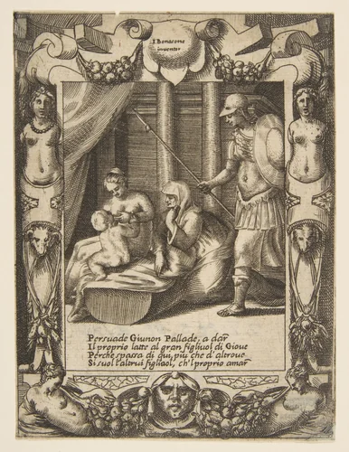 Juno persuading Athena to nurse the young Hercules, set within an elaborate frame, from "Loves, Rages and Jealousies of Juno" by Giulio Bonasone, print, 1531-1576