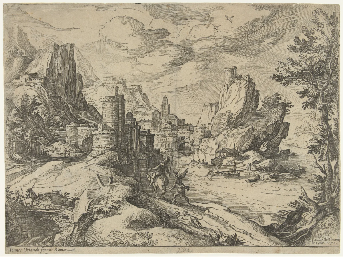 Rotskust in Campania met stad en reizigers by Unknown, print, 1590
