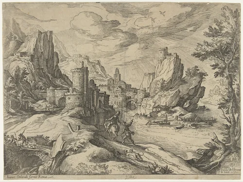 Rotskust in Campania met stad en reizigers by Unknown, print, 1590