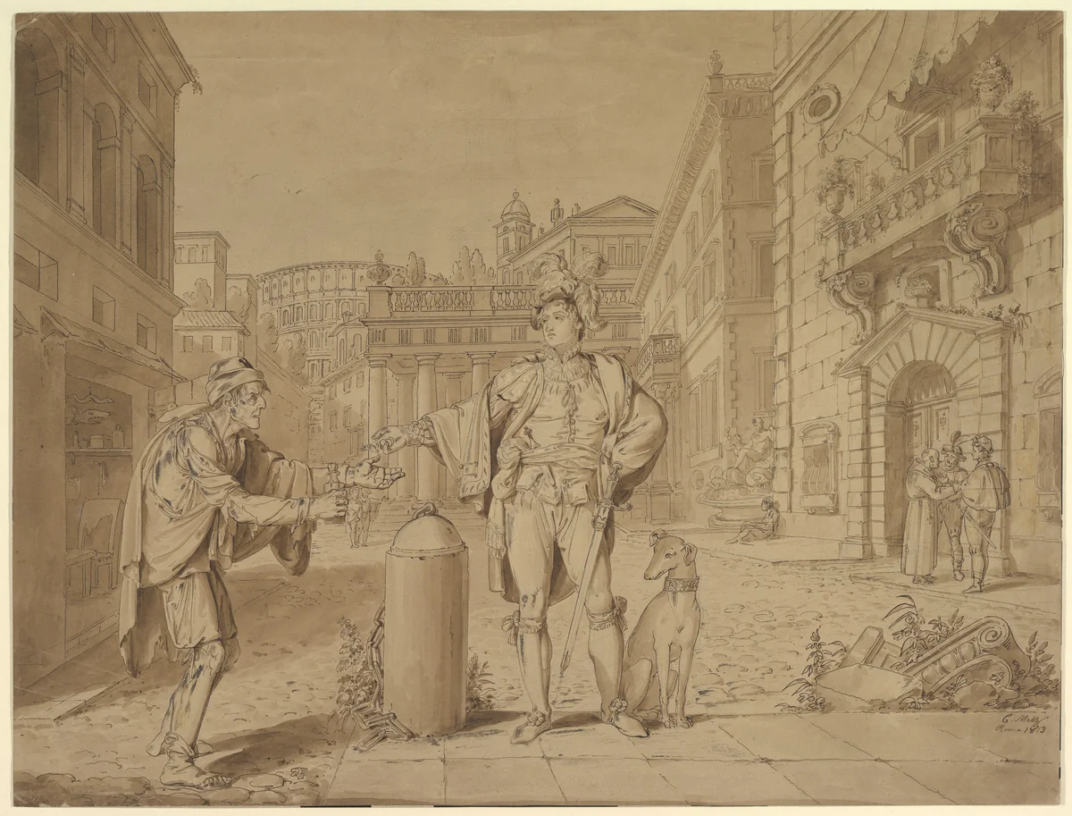 Nobleman Giving Alms to Beggar in Piazza near the Coliseum by Conrad Martin Metz, drawing, 1813