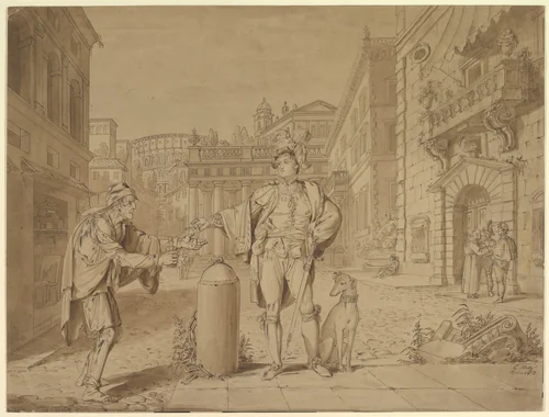 Nobleman Giving Alms to Beggar in Piazza near the Coliseum by Conrad Martin Metz, drawing, 1813