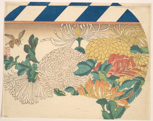 Chrysanthemums in Fan-shaped Design by Utagawa Hiroshige (歌川広重), print, 1840-1849