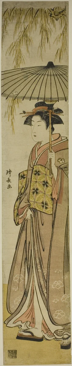 Geisha Carrying a Parasol under a Willow Tree by Torii Kiyonaga (鳥居清長), print, 1779-1789