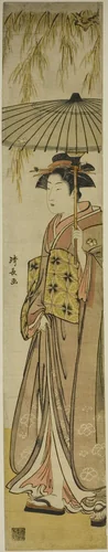 Geisha Carrying a Parasol under a Willow Tree by Torii Kiyonaga (鳥居清長), print, 1779-1789
