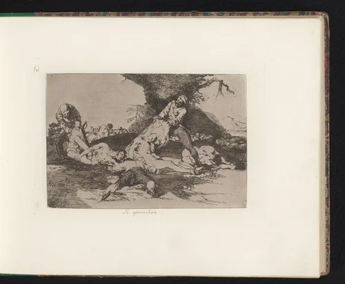 Plunderaars trekken de kleding van gevallen soldaten uit by Francisco de Goya, book, 1810-1820