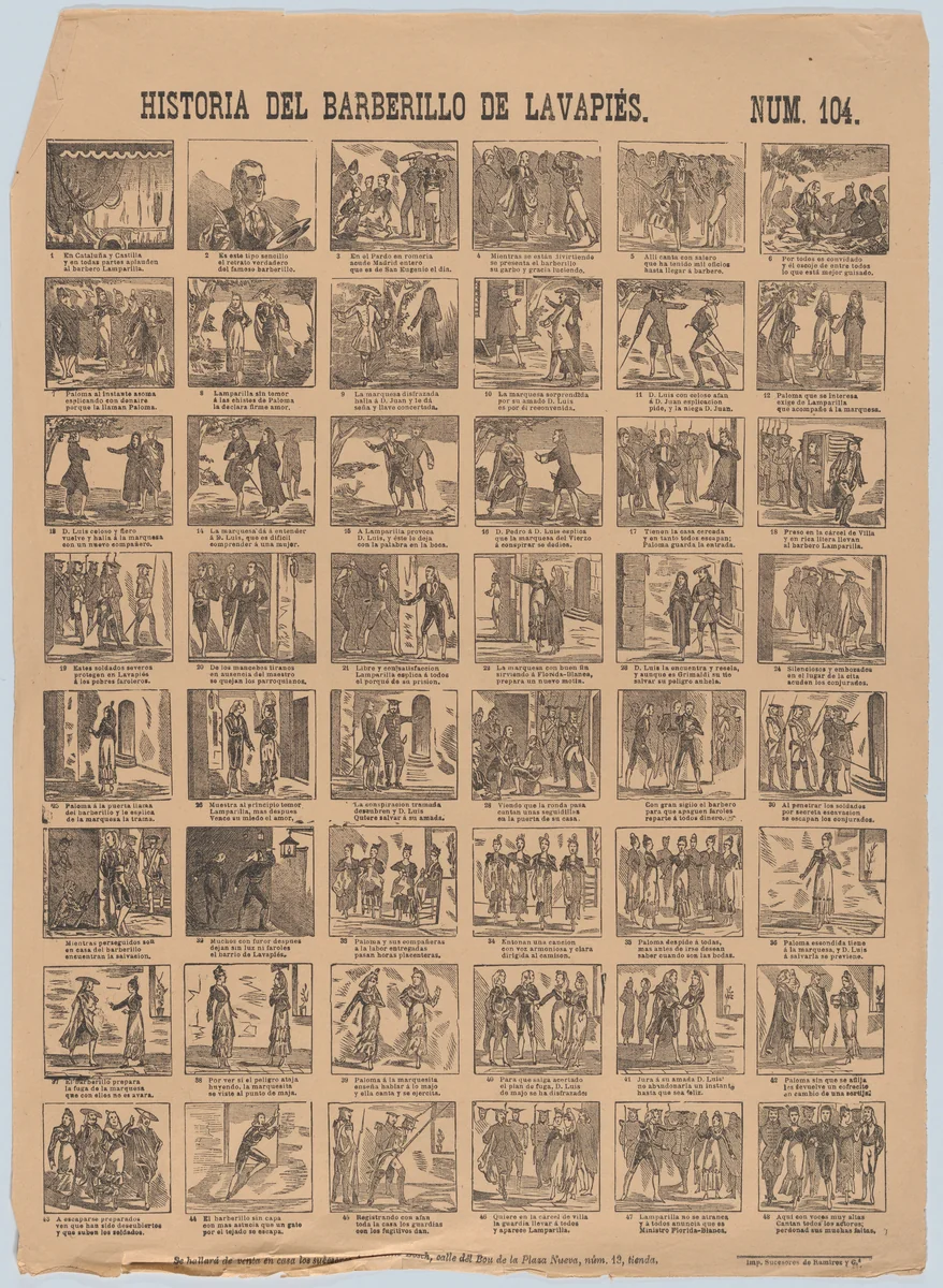 Broadside with 48 scenes relating to the zarzuela barberillo of Lavapiés by Antonio Bosch, print, 1855-1865