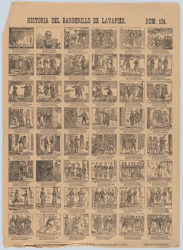 Broadside with 48 scenes relating to the zarzuela barberillo of Lavapiés by Antonio Bosch, print, 1855-1865