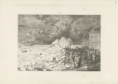 Breken van het ijs in Arnhem by Reinier Craeyvanger, print, 1855-1880
