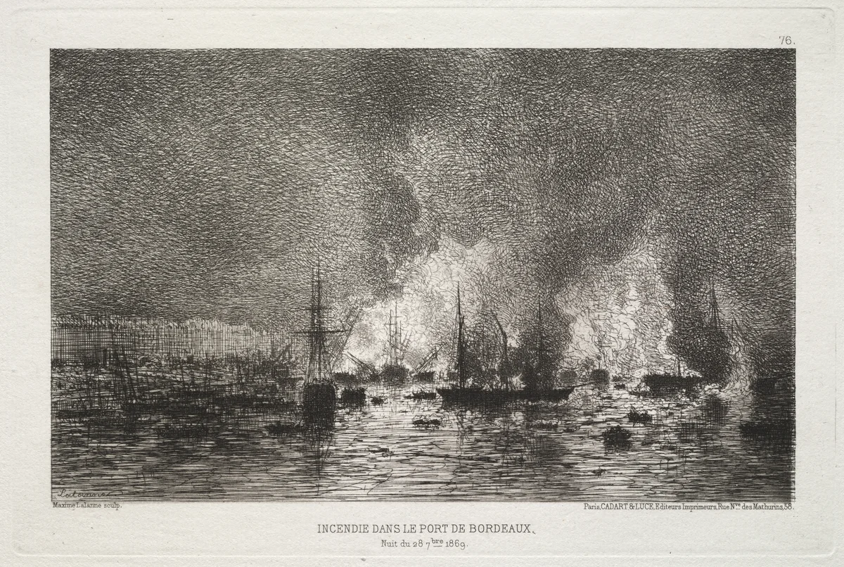 Conflagration in the Port of Bordeaux by Maxime Lalanne, print, 1869
