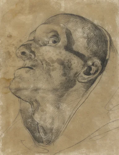 Kop van een opziende man, met neerwaartse blik by Théodore Géricault, drawing, 1801-1824