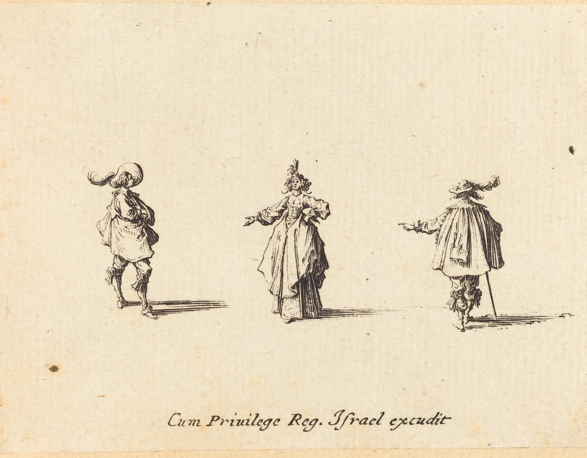 Lady with Outstretched Arm, and Two Gentlemen by Jacques Callot, print, 1628-1638
