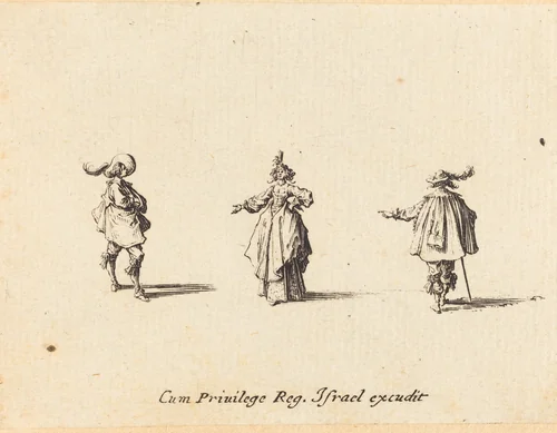 Lady with Outstretched Arm, and Two Gentlemen by Jacques Callot, print, 1628-1638