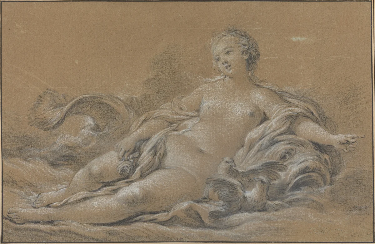 Venus Reclining on a Dolphin by François Boucher, drawing, 1745