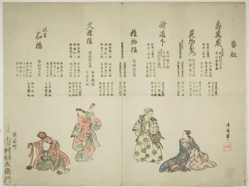 Program of the ten day performance celebrating the succession of Ichimura Uzaemon XIII by Torii Kiyomitsu II, print, 1851