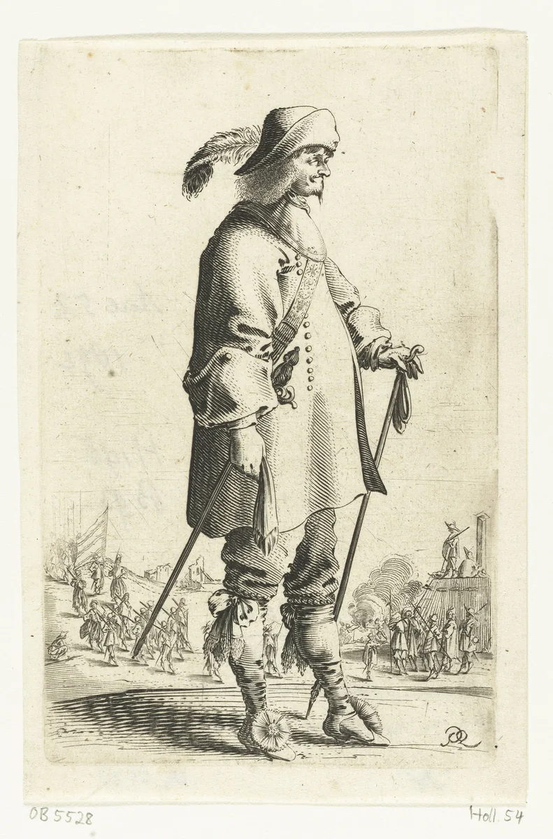 Staande cavalier met stok, op de achtergrond strijdkrachten bij bastion by Salomon Savery, print, 1633-1665