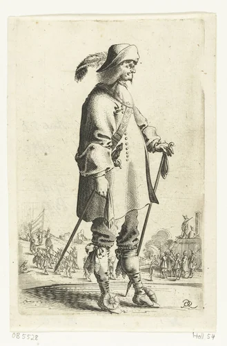 Staande cavalier met stok, op de achtergrond strijdkrachten bij bastion by Salomon Savery, print, 1633-1665