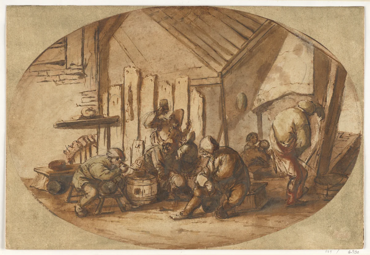 Peasants Carousing in a Barn by Adriaen van Ostade, drawing, 1637-1639