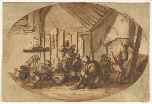 Peasants Carousing in a Barn by Adriaen van Ostade, drawing, 1637-1639