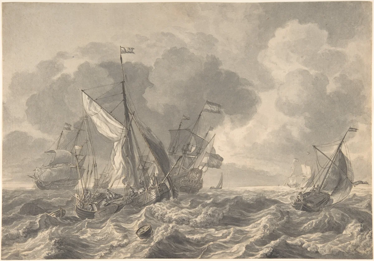 Ships in a Stormy Sea by Ludolf Backhuysen, drawing, 1645-1708