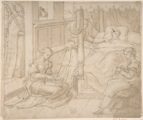 St. Nicholas and the Three Daughters of the Poor Gentleman by Jan Swart, drawing, 1500-1600