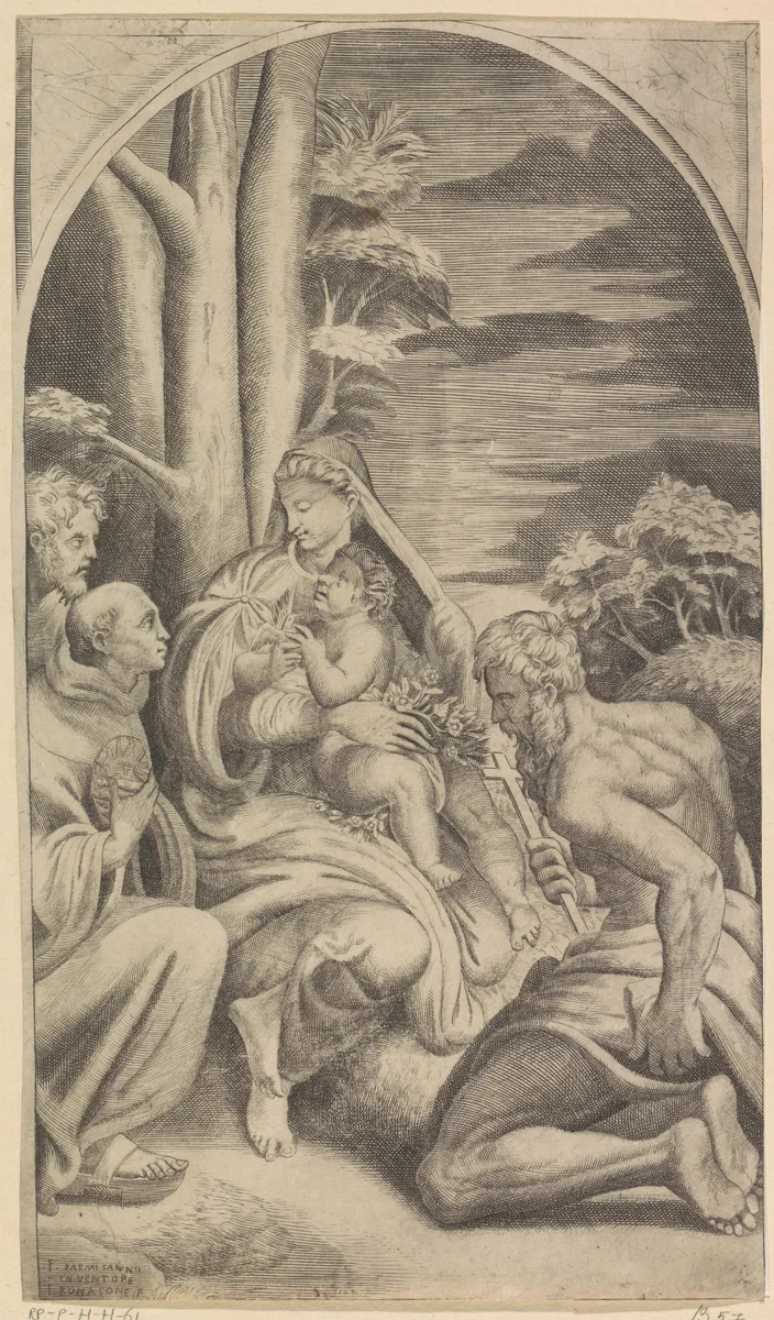 Maria met het Christuskind, H. Bernardinus van Siena en H. Hieronymus by Unknown, print, 1501-1580