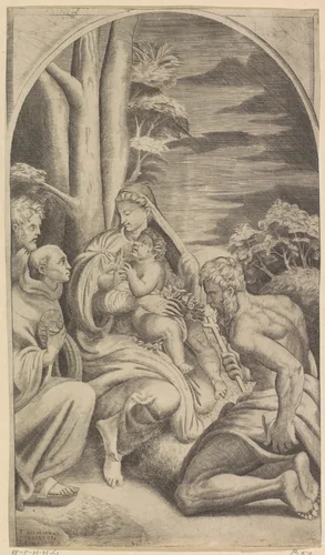 Maria met het Christuskind, H. Bernardinus van Siena en H. Hieronymus by Unknown, print, 1501-1580