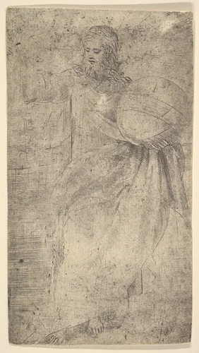 Christ as the Savior holding a globe, from "Christ and the Apostles" by Andrea Schiavone, print, 1543-1553