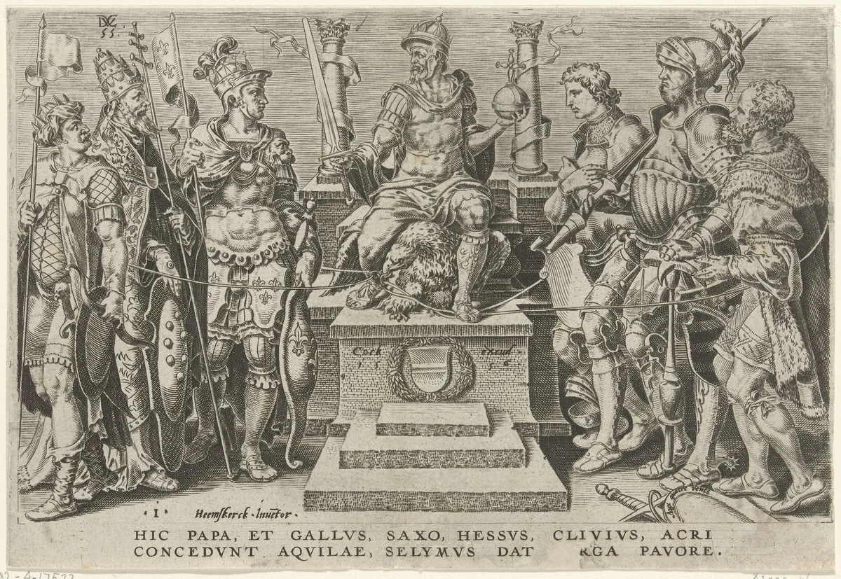 Keizer Karel V omgeven door zijn overwonnen tegenstanders by Unknown, print, 1555