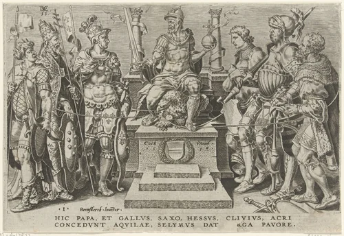 Keizer Karel V omgeven door zijn overwonnen tegenstanders by Unknown, print, 1555