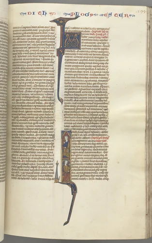 Fol. 199r, Esther, historiated initial, two seated male figures by Unknown, book, 1270-1300