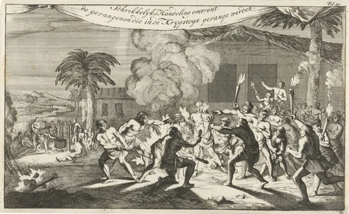 Oorspronkelijke Amerikanen martelen een Europese gevangene met brandende toortsen by Caspar Luyken, print, 1695