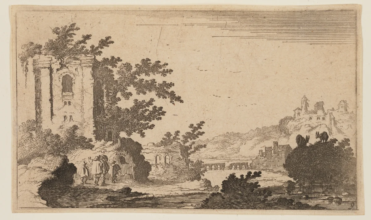 Ruins to Left of a River in Hilly Country, from Twelve Landscapes by Gillis van Scheyndel, print, 1605-1650