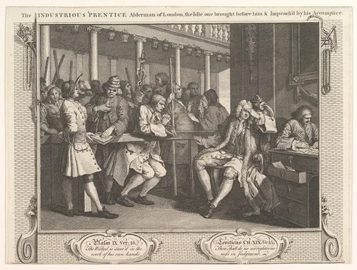 The Industrious 'Prentice Alderman of London, The Idle One Brought Before Him and Impeached by his Accomplices (Industry and Idleness, plate 10) by William Hogarth, print, 1747