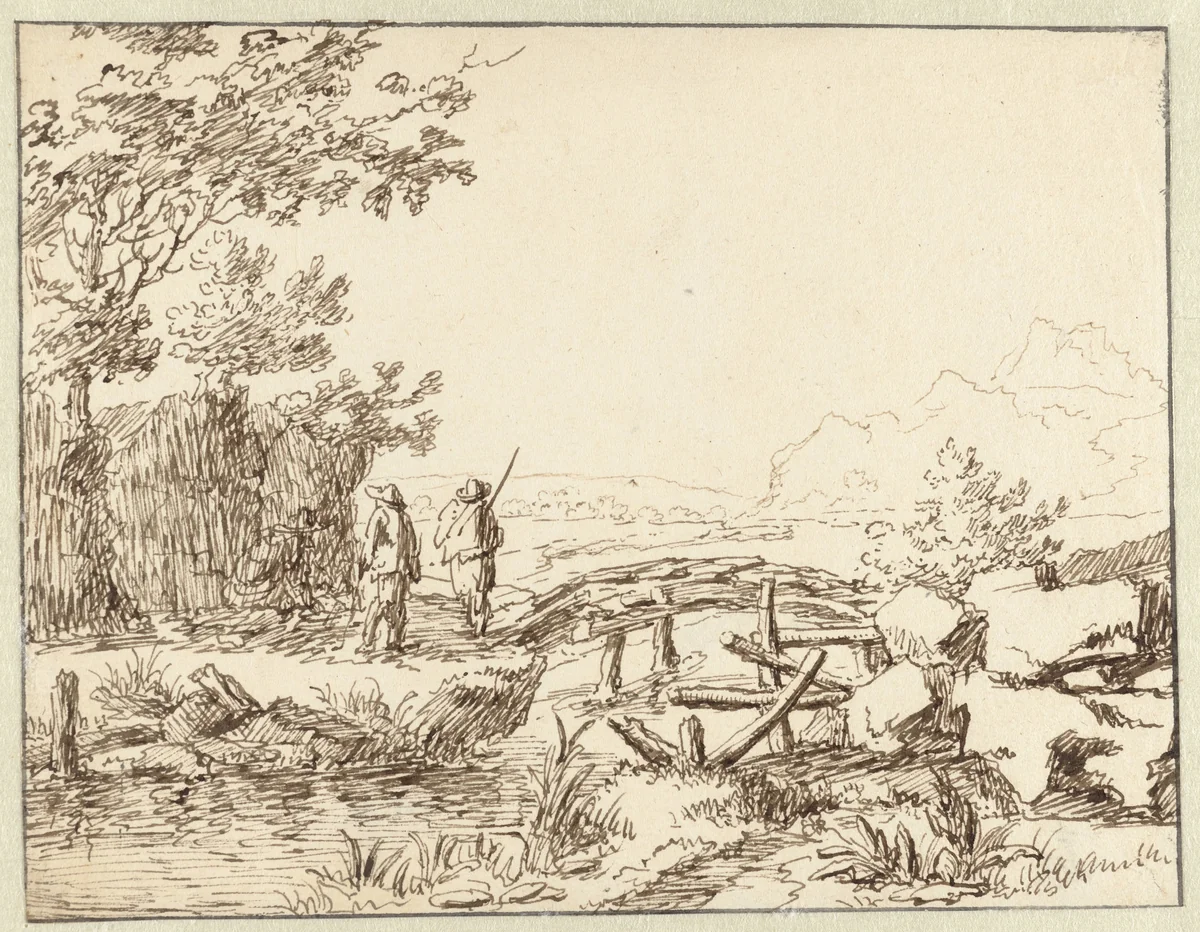 Drie mannen bij een brug by Jan van Almeloveen, drawing, 1682
