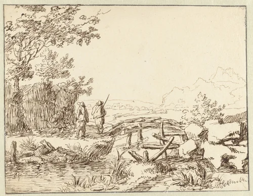Drie mannen bij een brug by Jan van Almeloveen, drawing, 1682