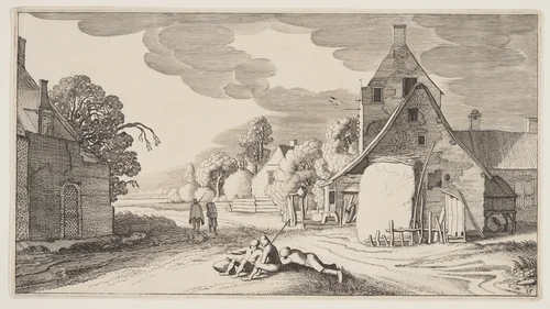 Three Peasants Resting at a Crossroad in a Village, from Landscapes (Playsante Lantschappen) by Claes Jansz. Visscher II, print, 1641