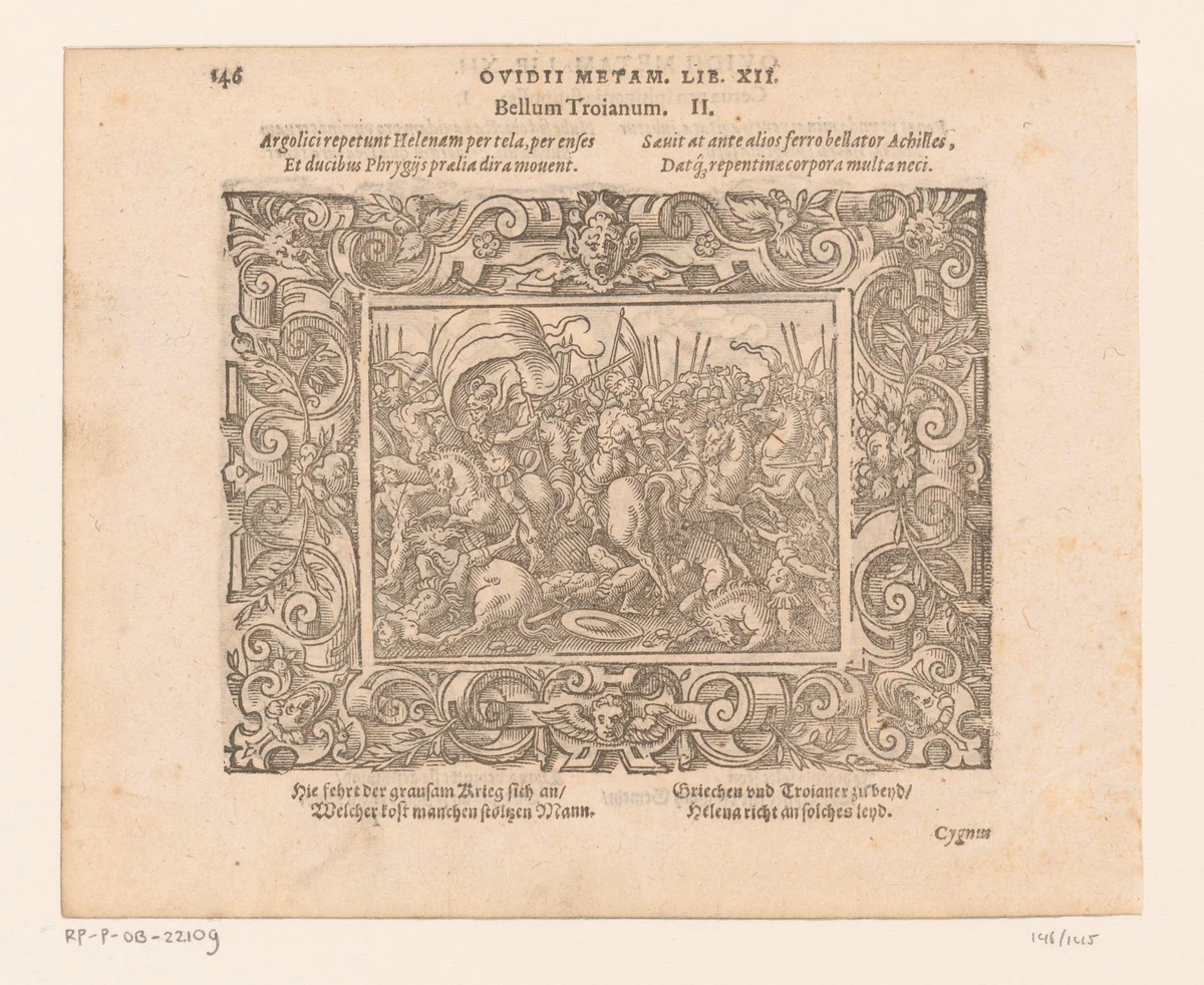 Grieken in gevecht met Trojanen by Virgilius Solis, print, 1569